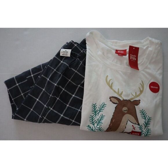 Family Pajamas Women's Sz Medium White/Gray Plaid Mama Deer Mix It 2-Piece Set - Picture 6 of 10